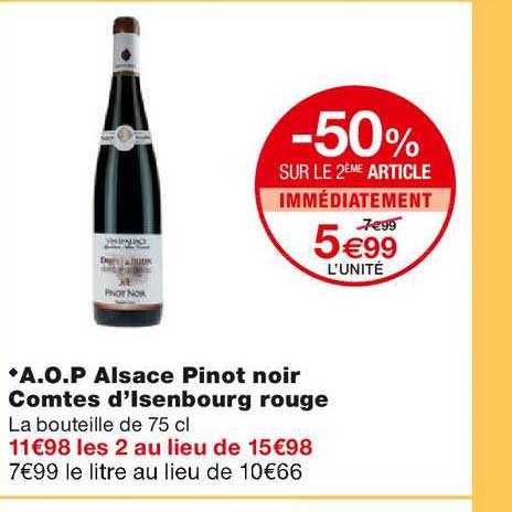 aop alsace pinot noir comtes d'isenbourg rouge -50% sur le 2ème