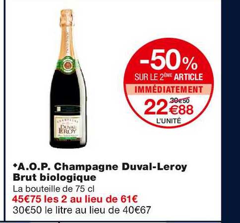 aop champagne duval leroy brut biologique -50% sur le 2ème