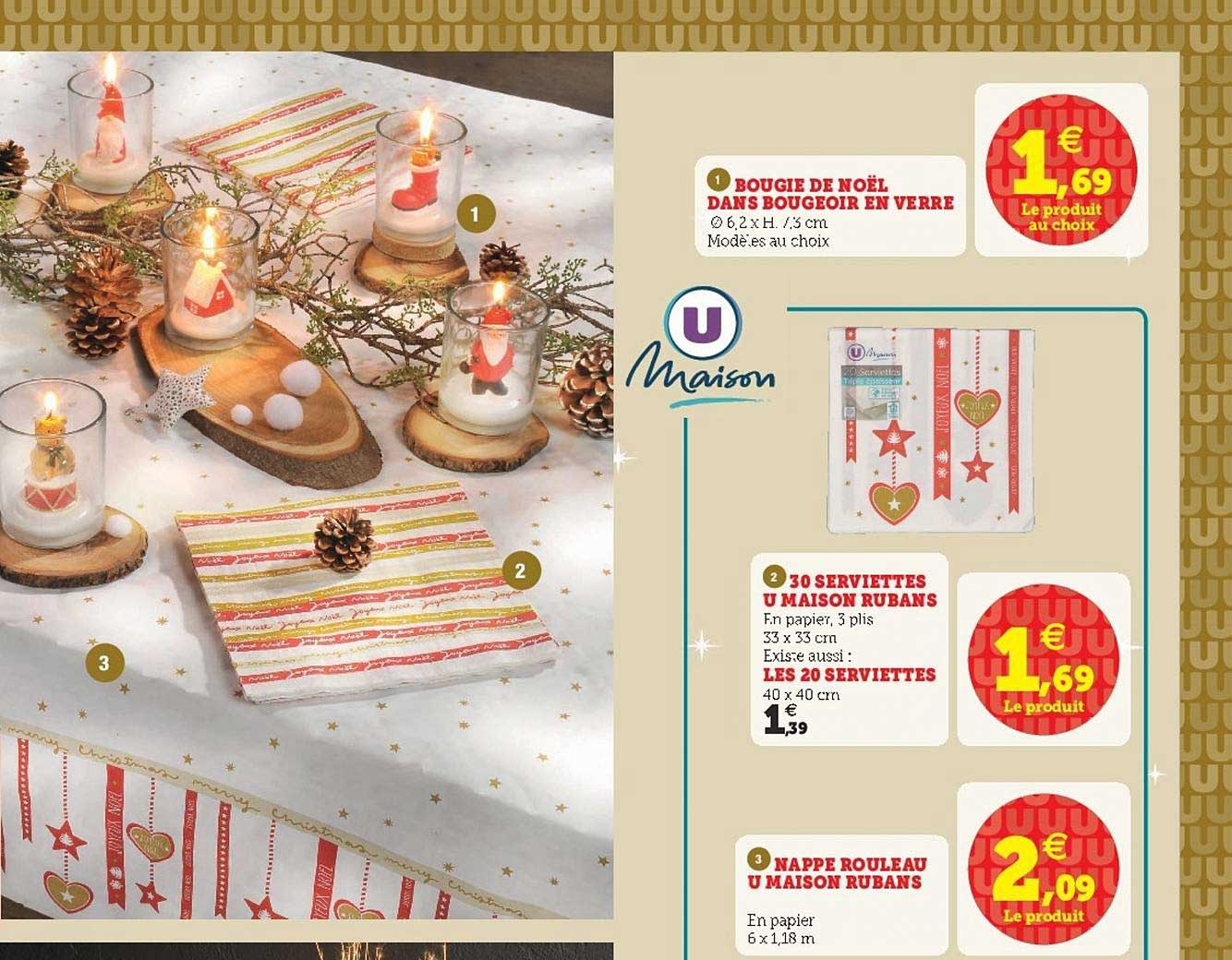 bougie de noël dans bougeoir en verre, 30 serviettes u maison rubans, les 20 serviettes, nappe rouleau u maison rubans