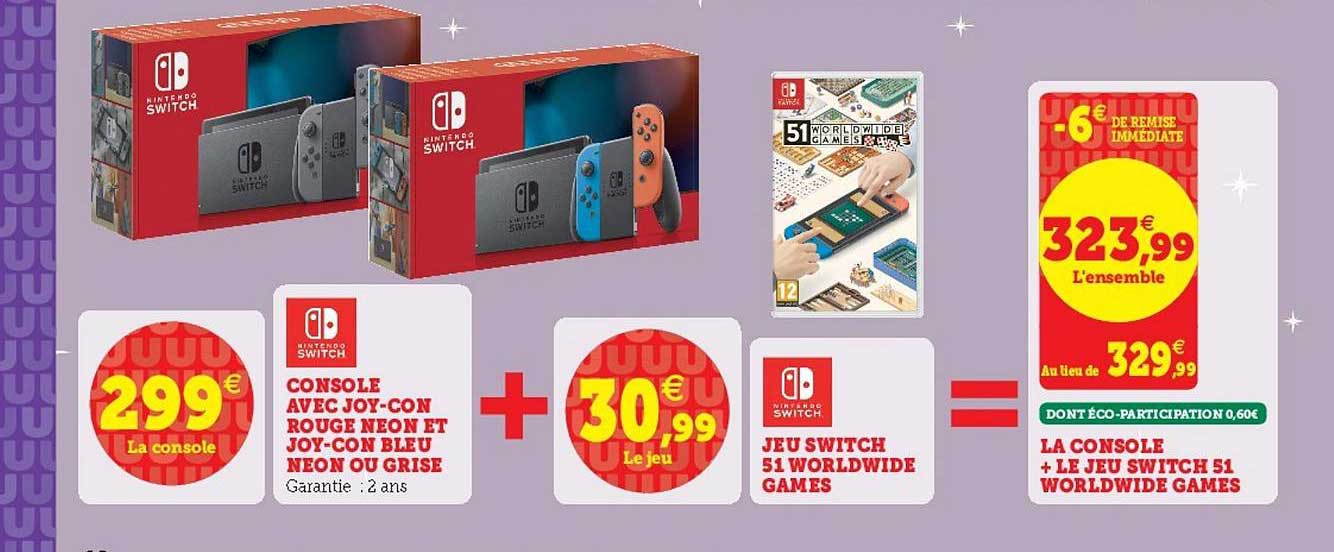 console avec joy-con rouge neon et joy-con bleu neon ou grise + jeu switch 51 worldwide games