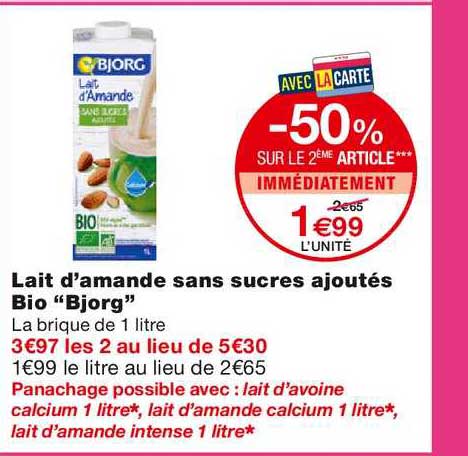 lait d'amande sans sucres ajoutés bio bjorg -50% sur le 2ème