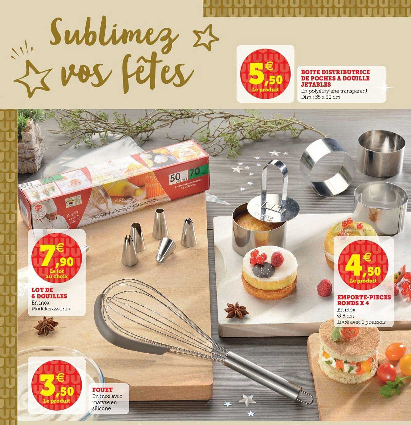 lot de 6 douilles, fouet, boîte distributrice de poches à bouteille jetable, emporte-pièces ronds x4