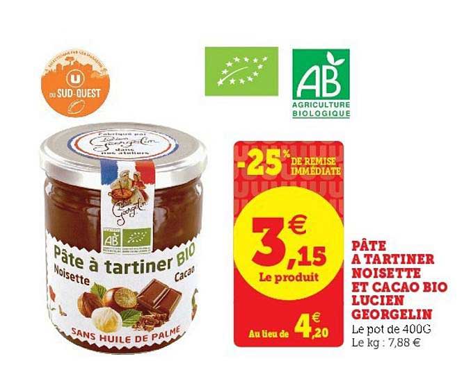pâte à tartiner noisette et cacao bio lucien georgelin