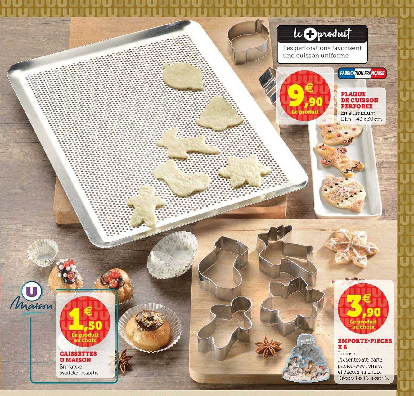 plaque de cuisson perforée, caissettes u maison, emporte-pièces x6