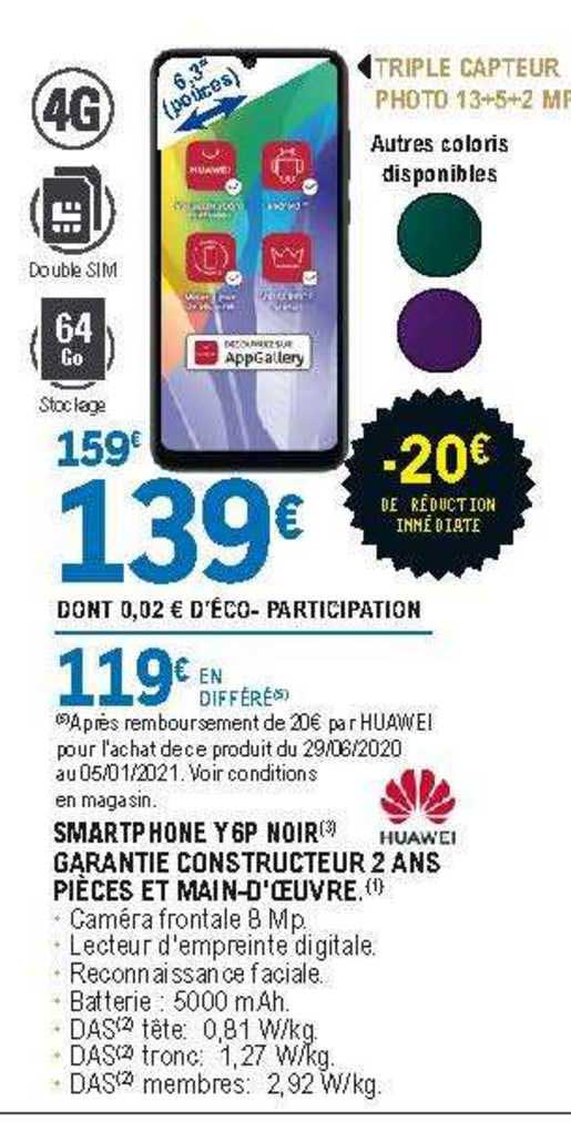 smartphone y6p noir garantie constructeur 2 ans pièces et main-d'oeuvre