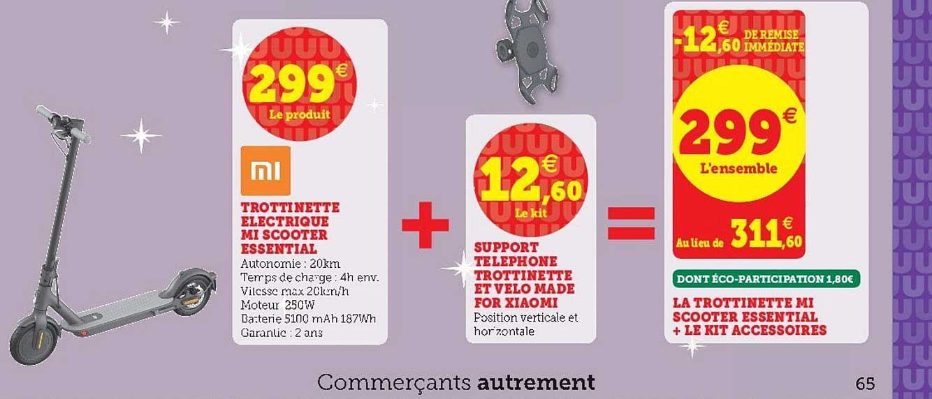 trottinette électrique mi scooter essential + support téléphone trottinette et vélo made for xiaomi, la trottinette mi scooter essential + le kit accessoires