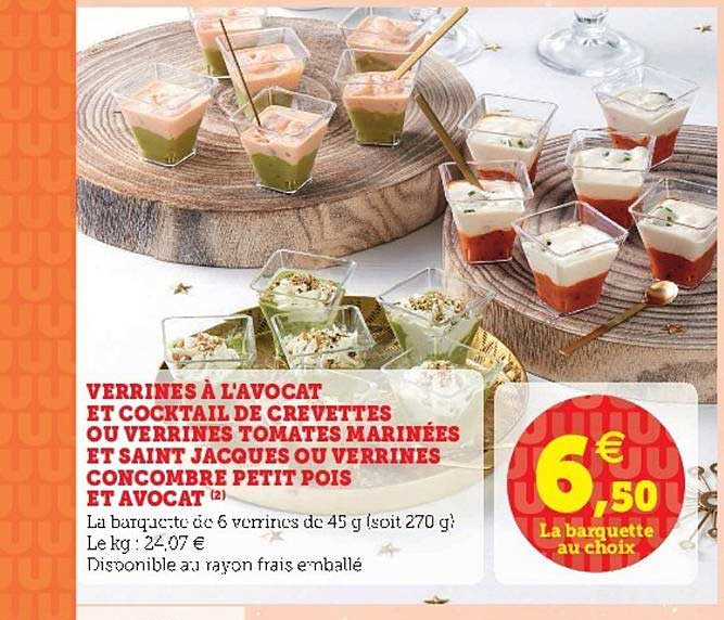 verrines à l'avocat et cocktail de crevettes ou verrines tomates marinées et saint jacques ou verrines concombre petit pois et avocat