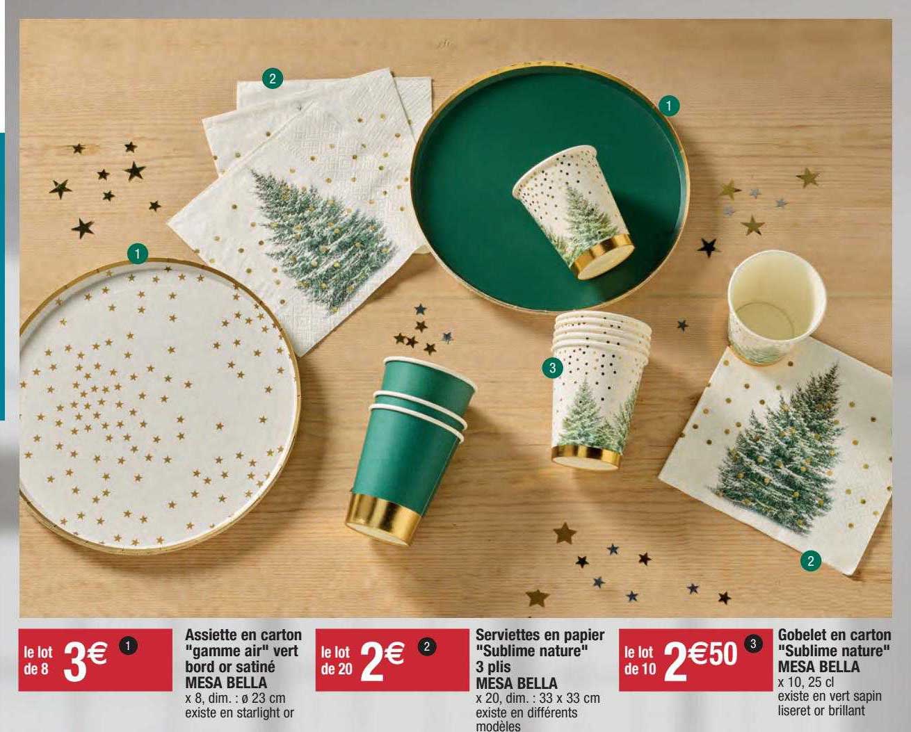 assiette en carton "gamme air" vert bord or satiné mesa bella, serviettes en papier "sublime nature" 3 plis mesa bella, gobelet en carton "sublime nature" mesa bella