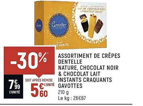 assortiment de crêpes dentelle nature, chocolat noir & chocolat lait instants craquants gavottes