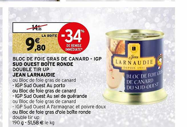 bloc de foie gras de canard - igp sud ouest boîte ronde double tir up jean larnaudie