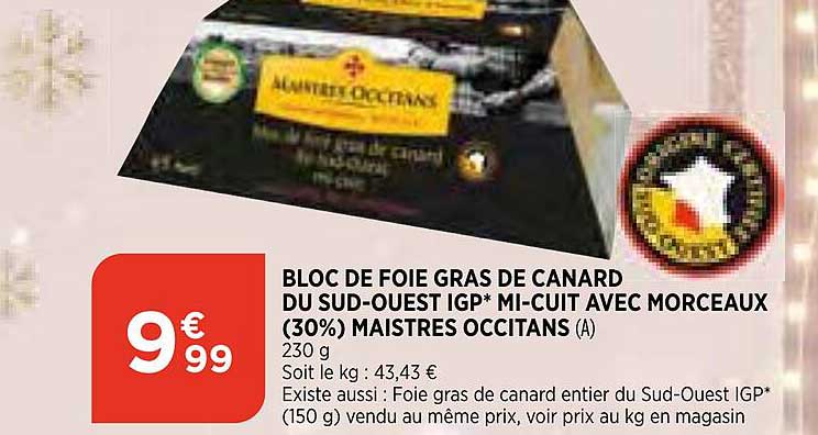 bloc de foie gras de canard du sud-ouest igp mi-cuit avec morceaux (30%) maistres occitans