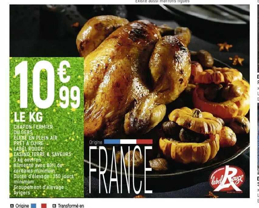 chapon fermier du gers élevé en plein air prêt à cuire label rouge casino terre & saveurs
