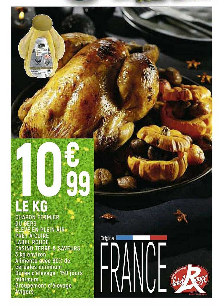chapon fermier du gers élevée en plein air prêt à cuire label rouge casino terre & saveurs