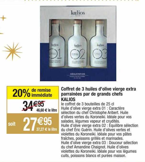 coffret de 3 huiles d'olive vierge extra parrainées par de grands chefs kalios