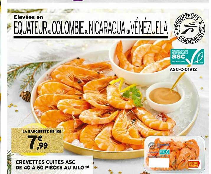 crevettes cuites asc de 40 à 60 pièces au kilo