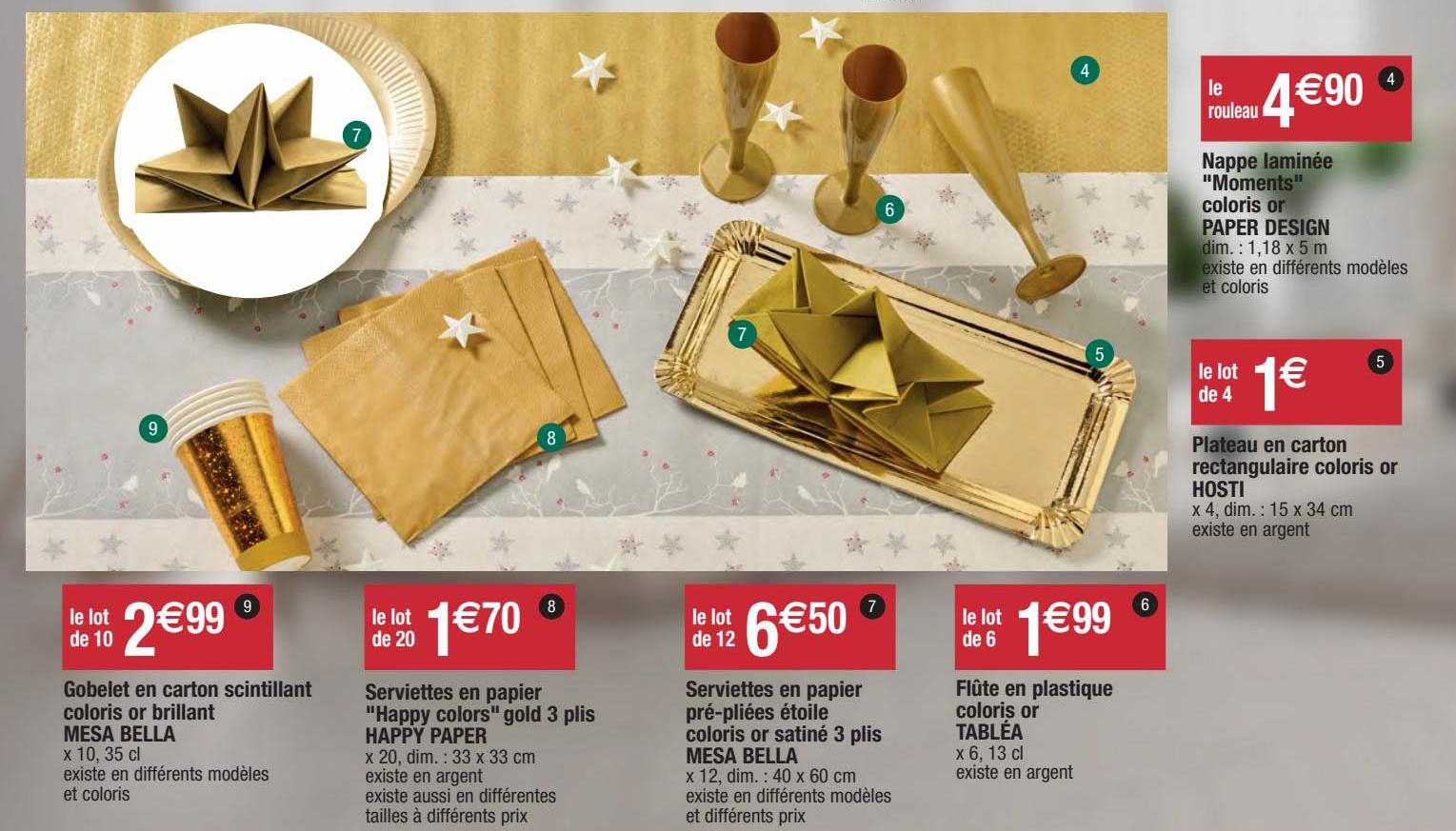 gobelet en carton scintillant coloris or brillant mesa bella, serviettes en papier "happy colors" gold 3 plis happy paper, serviette en papier pré-pliées étoile coloris or satiné 3 plis mesa bella
