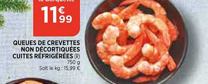 queues de crevettes non décortiquées cuites réfrigérées