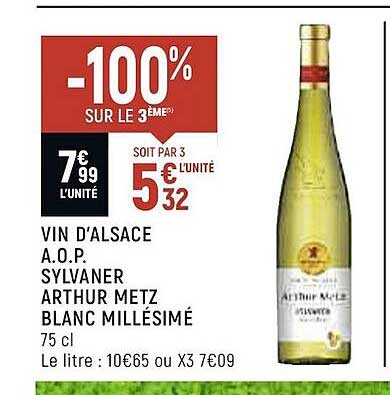 vin d'alsace a.o.. sylvaner arthur metz blanc millésimé