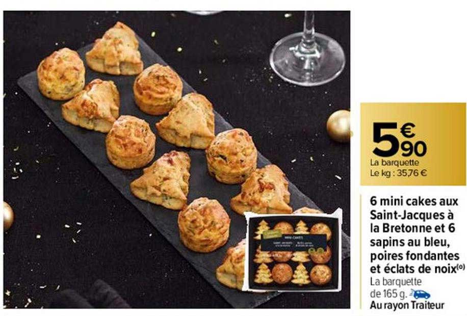 6 mini cakes aux saint-jacques à la bretonne et 6 sapins au bleu, poires fondantes et éclats de noix