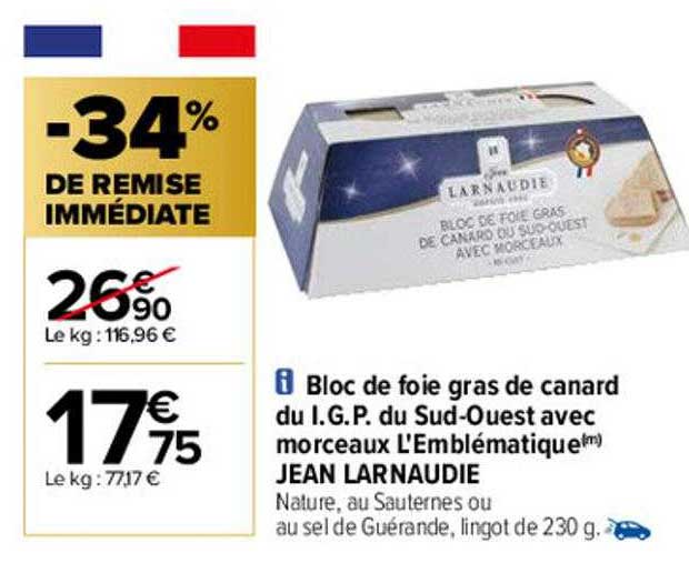 bloc de foie gras de canard du i.g.p. du sud-ouest avec morceaux l'emblématique jean larnaudie