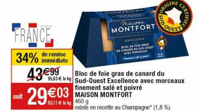 bloc de foie gras de canard du sud-ouest excellence avec morceaux finement salé et poivré maison montfort