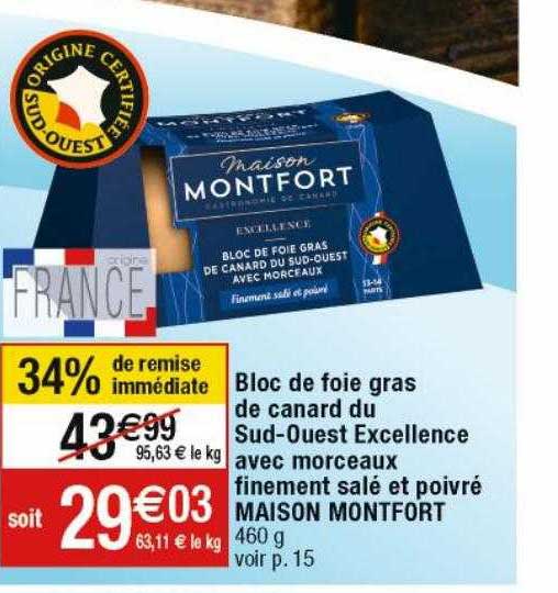 bloc de foie gras de canard du sud-ouest excellence avec morceaux finement salé et poivré maison montfort