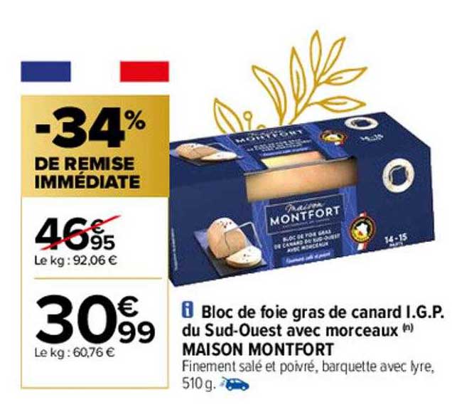bloc de foie gras de canard i.g.p. du sud-ouest avec morceaux maison montfort