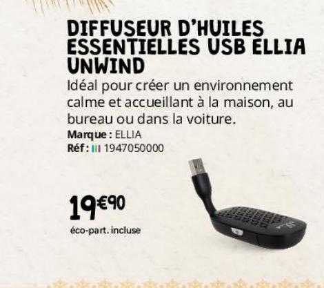 diffuseur d'huiles essentielles usb ellia unwind