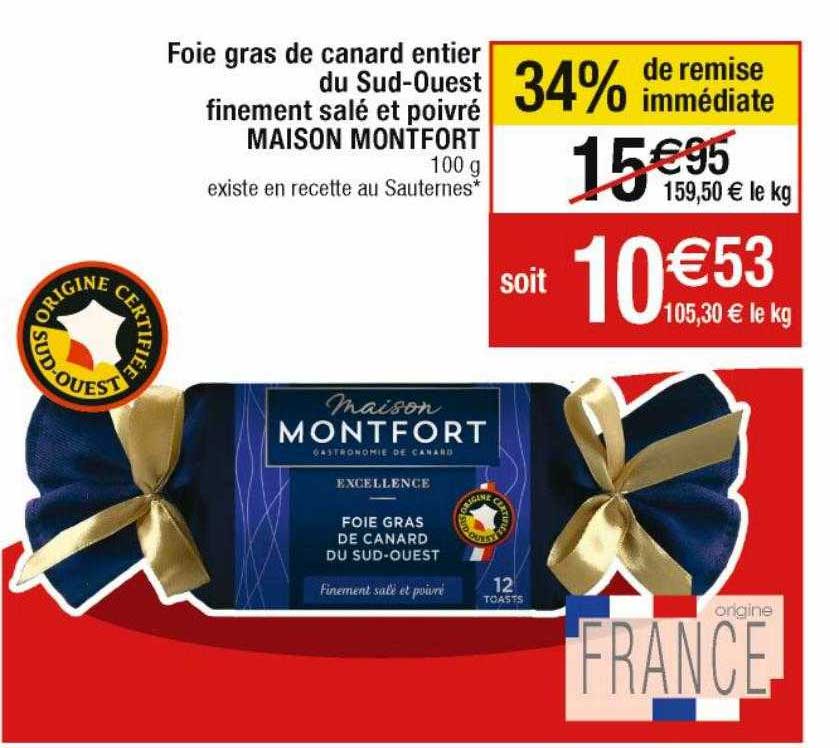 foie gras de canard entier du sud-ouest finement salé et poivré maison montfort