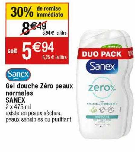 gel douche zéro peaux normales sanex