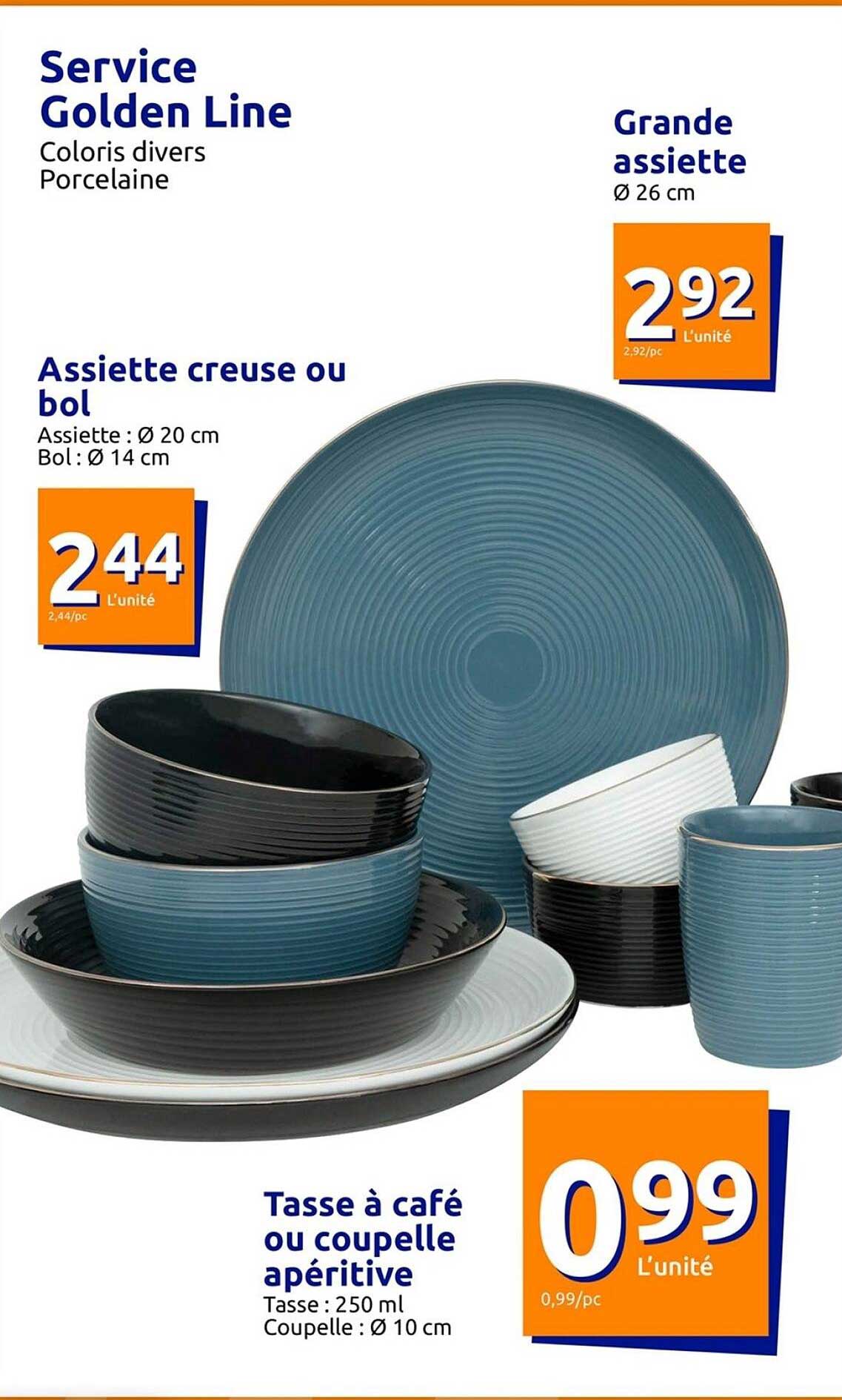 service golden line, assiette creuse ou bol, tasse à café ou coupelle apéritive, grande assiette