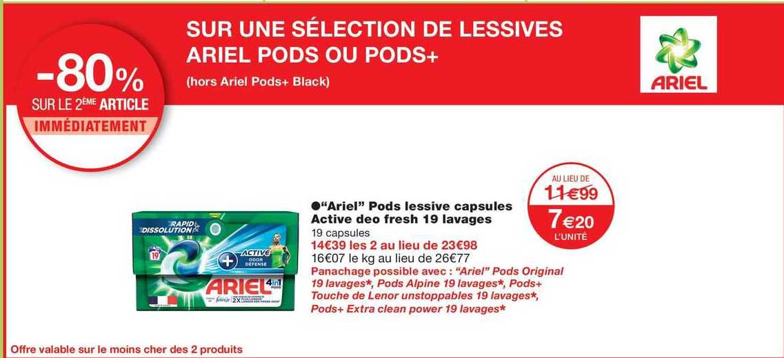 "ariel" pods lessive capsules active déo fresh 19 lavages