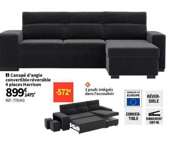 Canapé D'angle Convertible Réversible 4 Places Harrison