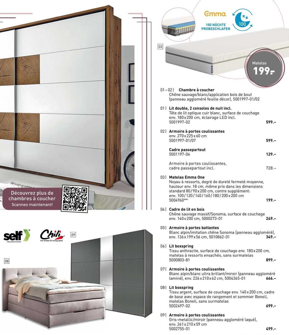 chambre à coucher, lit double, 2 consoles de nuit incl., armoire à portes coulissantes, cadre passepartout, matelas emma one, cadre de lit en bois, armoire de lit en bois, armoire à portes battantes