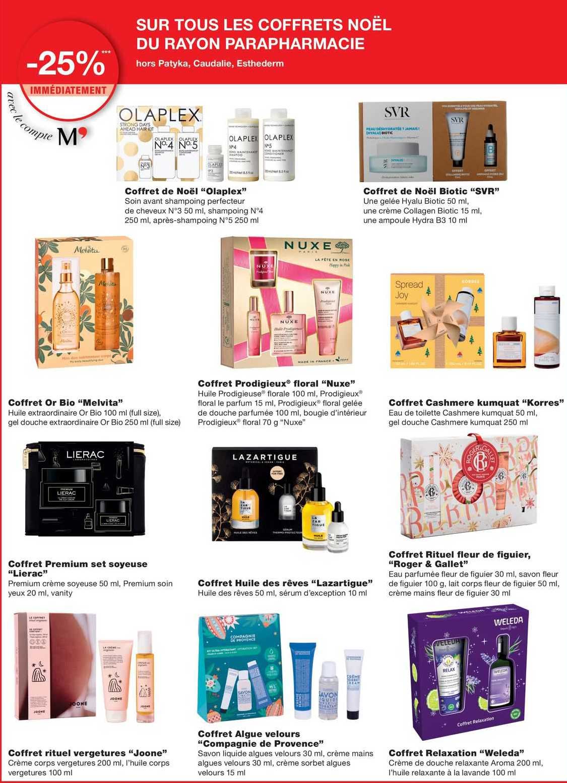coffret de noël "olaplex", coffret de noël biotic "svr", coffret or bio "melvita", coffret prodigieux floral "nuxe", coffret cashmere kumquat "korres", coffret premium set soyeuse "lierac"