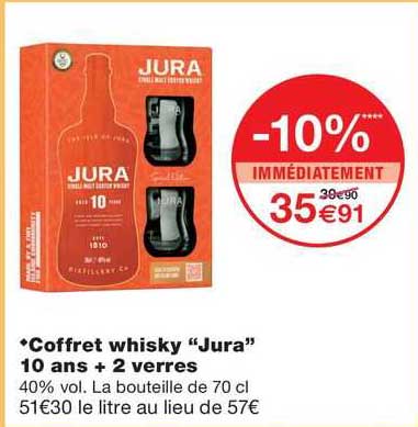 coffret whisky "jura" 10 ans + 2 verres