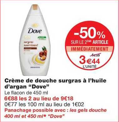 crème de douche surgras à l'huile d'argan "dove"