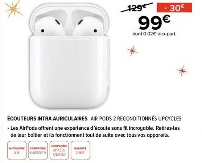 écouteurs intra auriculaires air pods 2 reconditionnés upcycles
