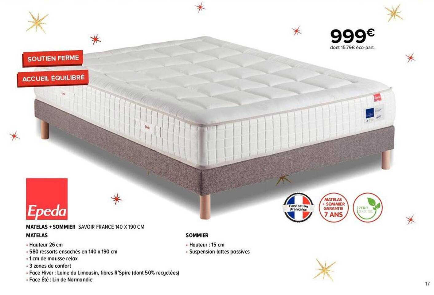 matelas + sommier savoir france 140 x 190 cm epeda