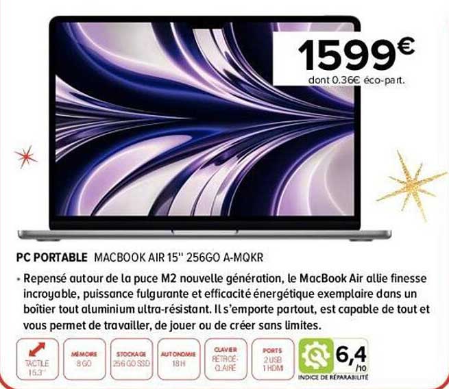 pc portable macbook air 15" 256go a-mqkr