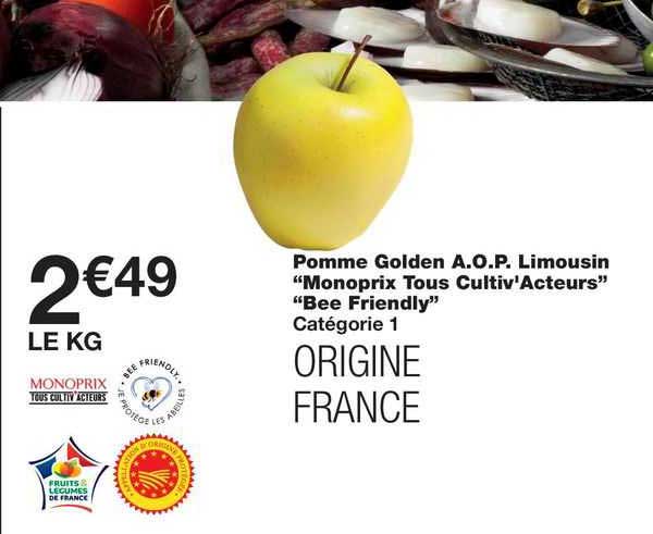 pomme golden a.o.p. limousin "monoprix tous cultiv'acteurs" "bee friendly"
