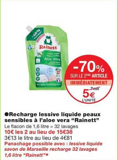 recharge lessive liquide peaux sensibles à l'aloe vera "rainett"