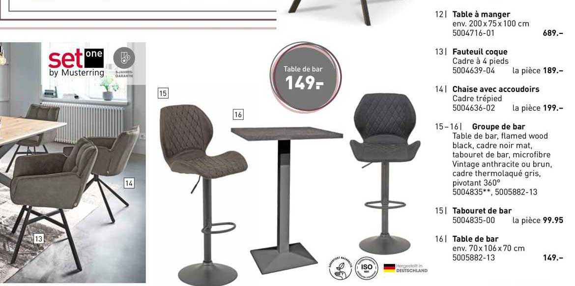 table à manger, fauteuil coque, chaise avec accoudoirs, groupe de bar, tabouret de bar, table de  bar