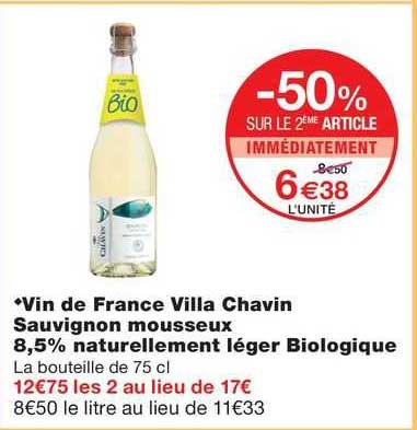 vin de france villa chavin sauvignon mousseux 8,5% naturellement léger biologique