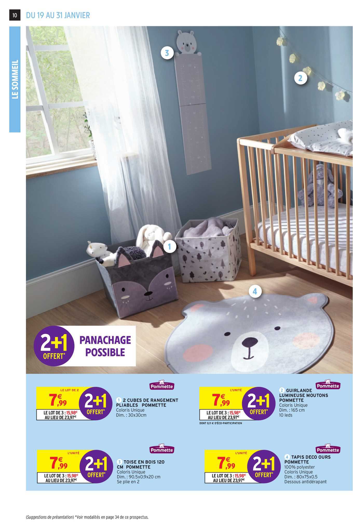 2 cubes de rangement pliables pommette, guirlande lumineuse moutons pommette , toise en bois 120 cm, tapis déco ours