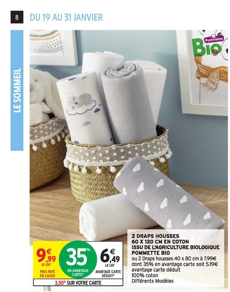 2 draps housses 60 x 120 cm en coton issu de l'agriculture biologique pommette bio