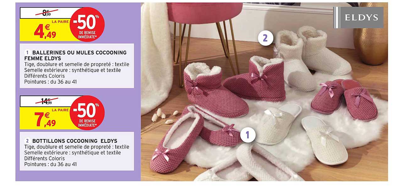 ballerines ou mules cocooning femme eldys botillons cocooning eldys -50% de remise immédiate