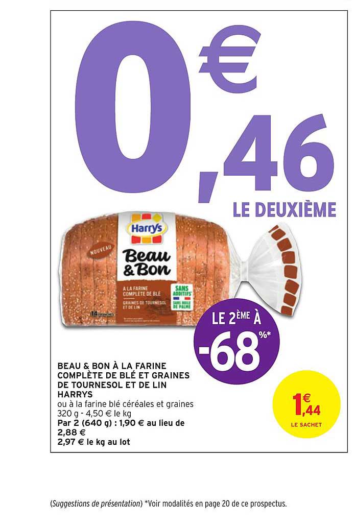 beau & bon à la farine complète de blé et graines de tournesol et de lin harry's le 2ème à -68%