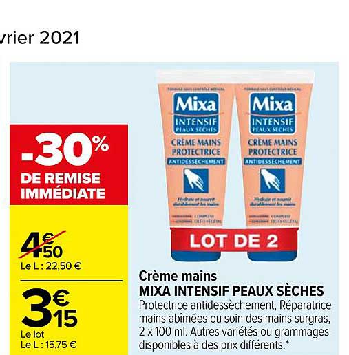 crème mains mixa intensif peaux sèches -30% de remise immédiate