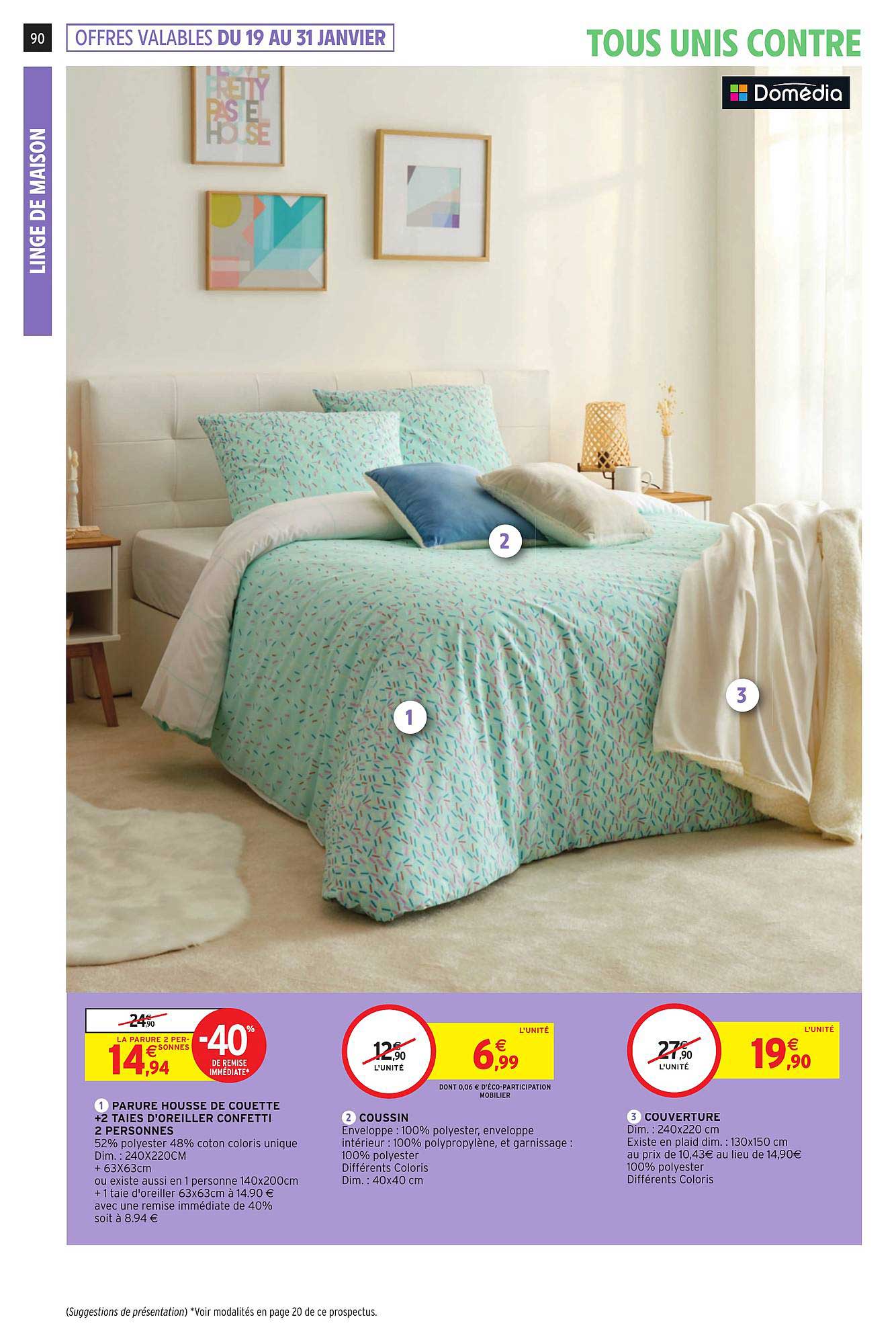 parure housse de couette + 2 taies d'oreillers confetti, coussin, couverture